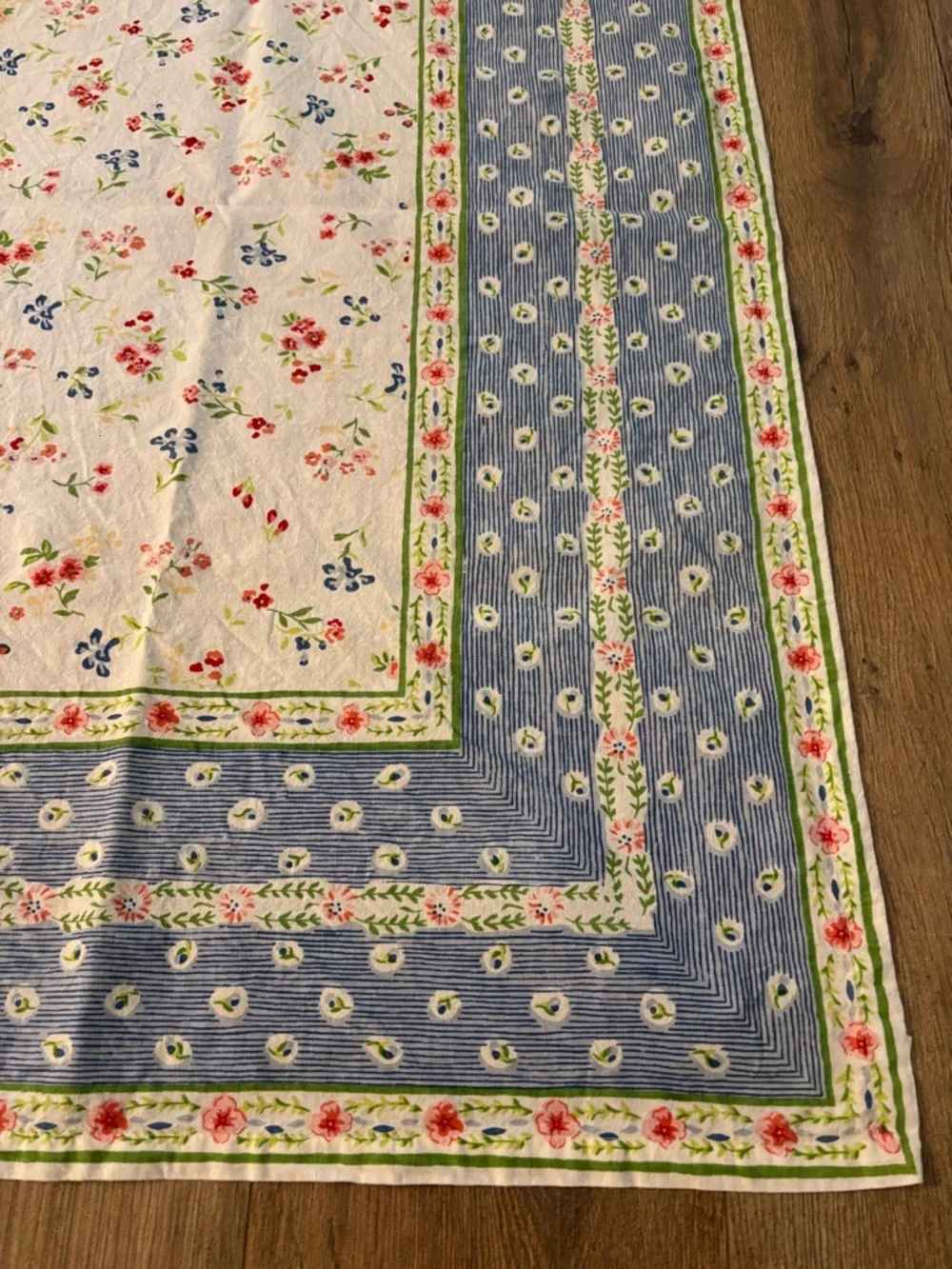 World Market 60x86” Floral Block Print Cotton Tablecloth Blue Red Cottage